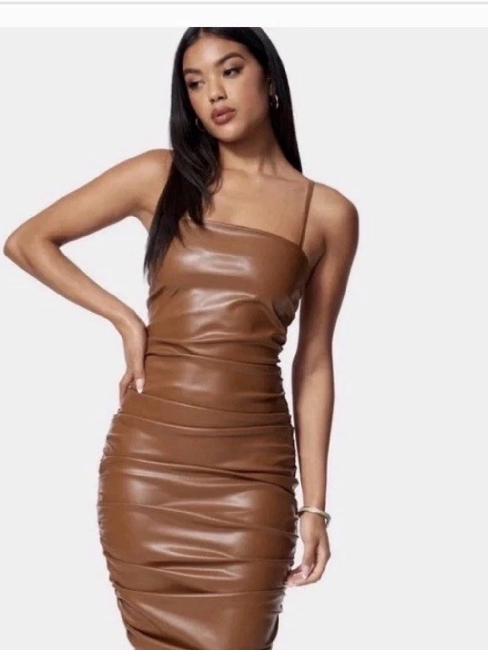 Bebe Faux Leather Mini Dress Ruched Bodycon Medium Butterscotch